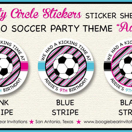 Soccer Birthday Party Stickers Circle Sheet Round Girl Pink Blue Black Sports Athletic Team Winner Retro Boogie Bear Invitations Addie Theme