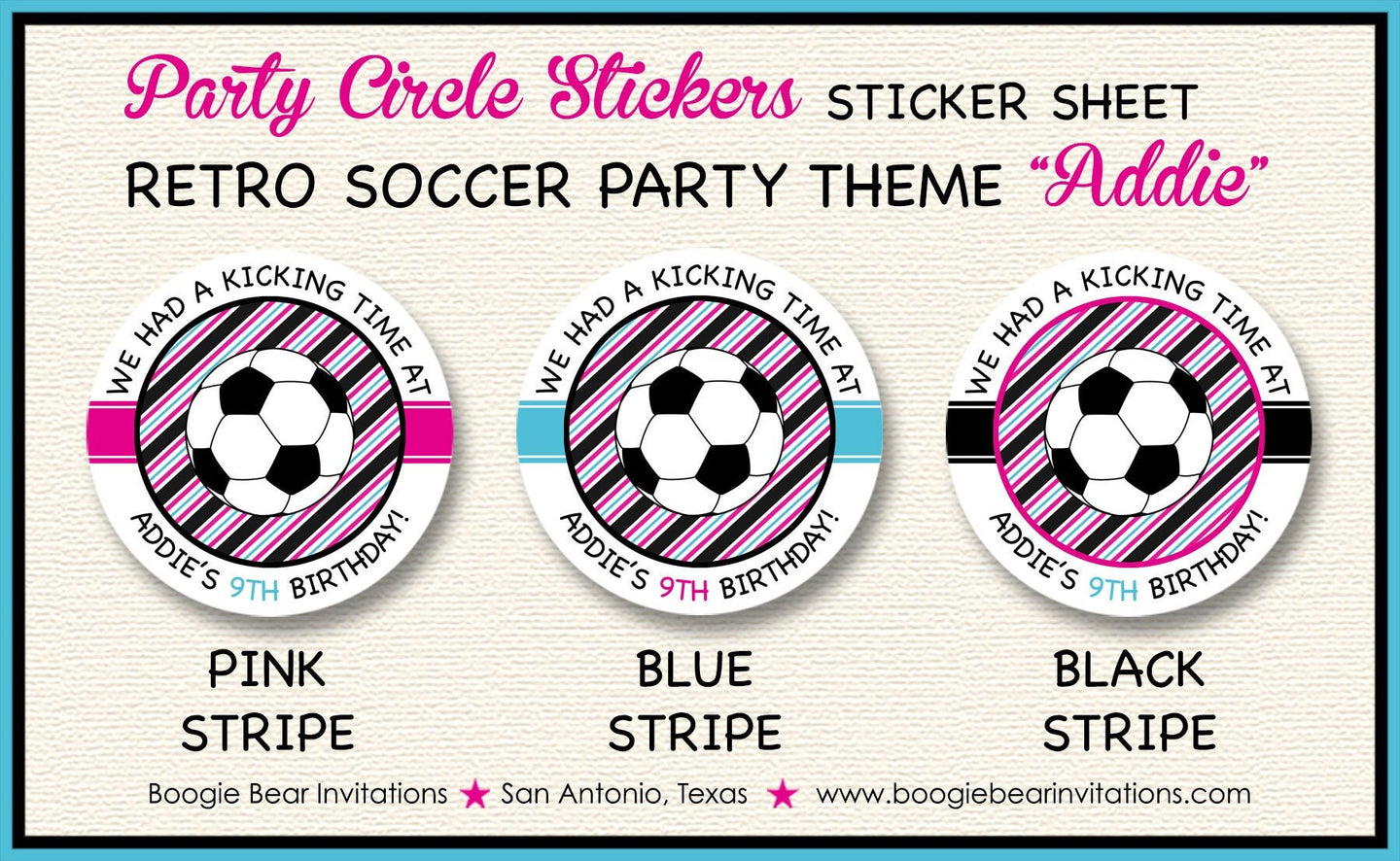 Soccer Birthday Party Stickers Circle Sheet Round Girl Pink Blue Black Sports Athletic Team Winner Retro Boogie Bear Invitations Addie Theme