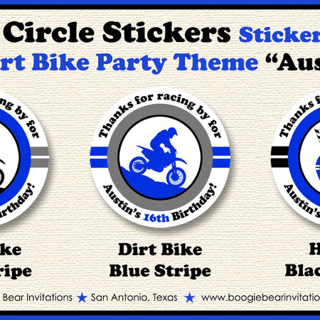 Blue Dirt Bike Birthday Party Stickers Circle Sheet Round Black Boy Motocross Enduro Racing Race Track Boogie Bear Invitations Austin Theme