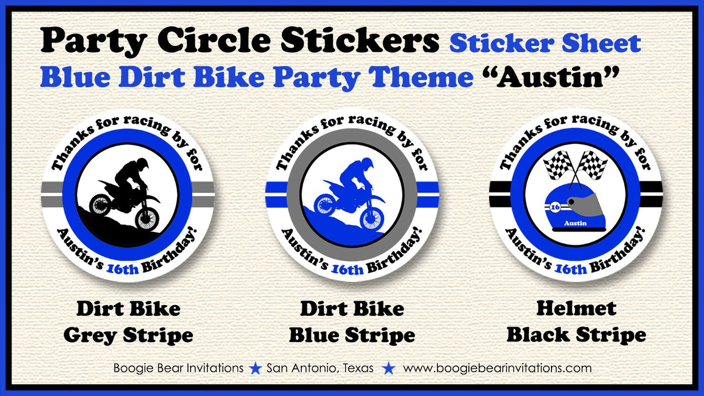 Blue Dirt Bike Birthday Party Stickers Circle Sheet Round Black Boy Motocross Enduro Racing Race Track Boogie Bear Invitations Austin Theme