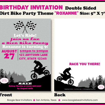 Dirt Bike Birthday Party Invitation Mountain Pink Girl Enduro Motocross Racing Race Track Hill Boogie Bear Invitations Roxanne Theme Printed