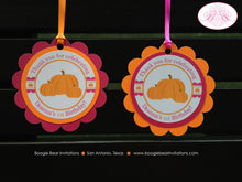 Load image into Gallery viewer, Pink Pumpkin Birthday Party Favor Tags Little Girl Orange Harvest Autumn Fall Country Farm Barn Rustic Boogie Bear Invitations Deanna Theme