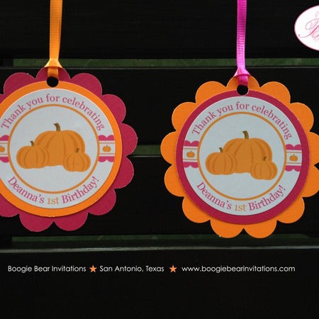 Pink Pumpkin Birthday Party Favor Tags Little Girl Orange Harvest Autumn Fall Country Farm Barn Rustic Boogie Bear Invitations Deanna Theme