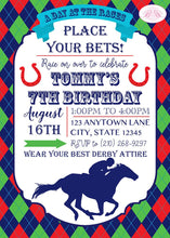 Load image into Gallery viewer, Horse Racing Birthday Party Invitation Jockey Kentucky Derby Red Green Blue Boogie Bear Invitations Tommy Theme Paperless Printable Printed