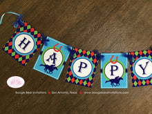 Load image into Gallery viewer, Horse Racing Happy Birthday Banner Party Derby Argyle Boy Girl Jockey Quarter Races Cup Red Green Blue Boogie Bear Invitations Tommy Theme