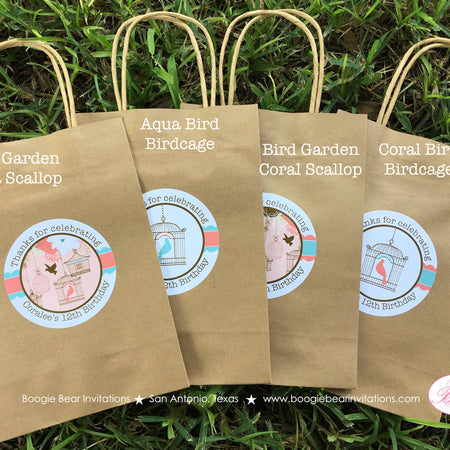Garden Birds Birthday Party Favor Bag Paper Handled Treat Girl Coral Teal Brown Birdcage Forest Flower Boogie Bear Invitations Coralee Theme