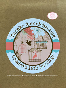 Garden Birds Woodland Party Stickers Circle Sheet Round Birthday Girl Coral Teal Cage Birdcage Forest Boogie Bear Invitations Coralee Theme