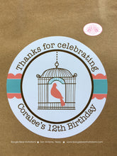 Load image into Gallery viewer, Garden Birds Woodland Party Stickers Circle Sheet Round Birthday Girl Coral Teal Cage Birdcage Forest Boogie Bear Invitations Coralee Theme