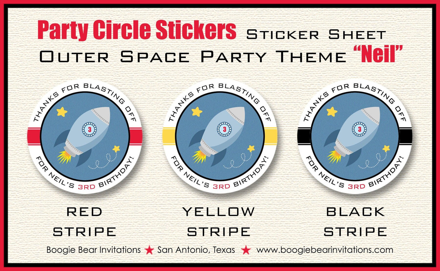 Outer Space Birthday Party Stickers Circle Sheet Round Rocket Ship Red Galaxy Solar System Rocket Ship Boogie Bear Invitations Neil Theme