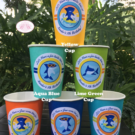 Surfer Shark Birthday Party Beverage Cups Paper Drink Birthday Pool Surf Blue Orange Swimming Surfing Boogie Bear Invitations Xander Theme