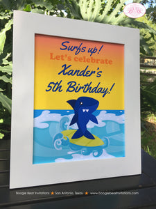 Surfer Shark Birthday Party Sign Poster Frameable Swimming Boy Girl Surf Surfing Swim Pool Ocean Beach Boogie Bear Invitations Xander Theme