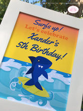 Load image into Gallery viewer, Surfer Shark Birthday Party Sign Poster Frameable Swimming Boy Girl Surf Surfing Swim Pool Ocean Beach Boogie Bear Invitations Xander Theme