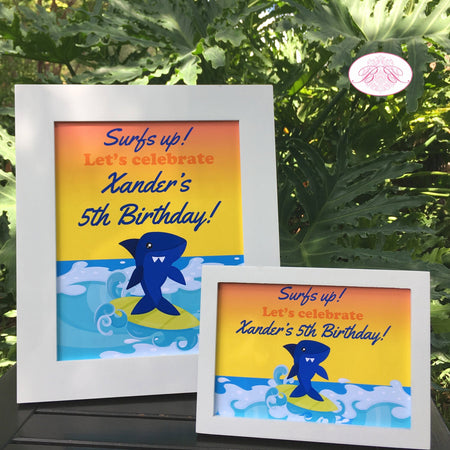 Surfer Shark Birthday Party Sign Poster Frameable Swimming Boy Girl Surf Surfing Swim Pool Ocean Beach Boogie Bear Invitations Xander Theme