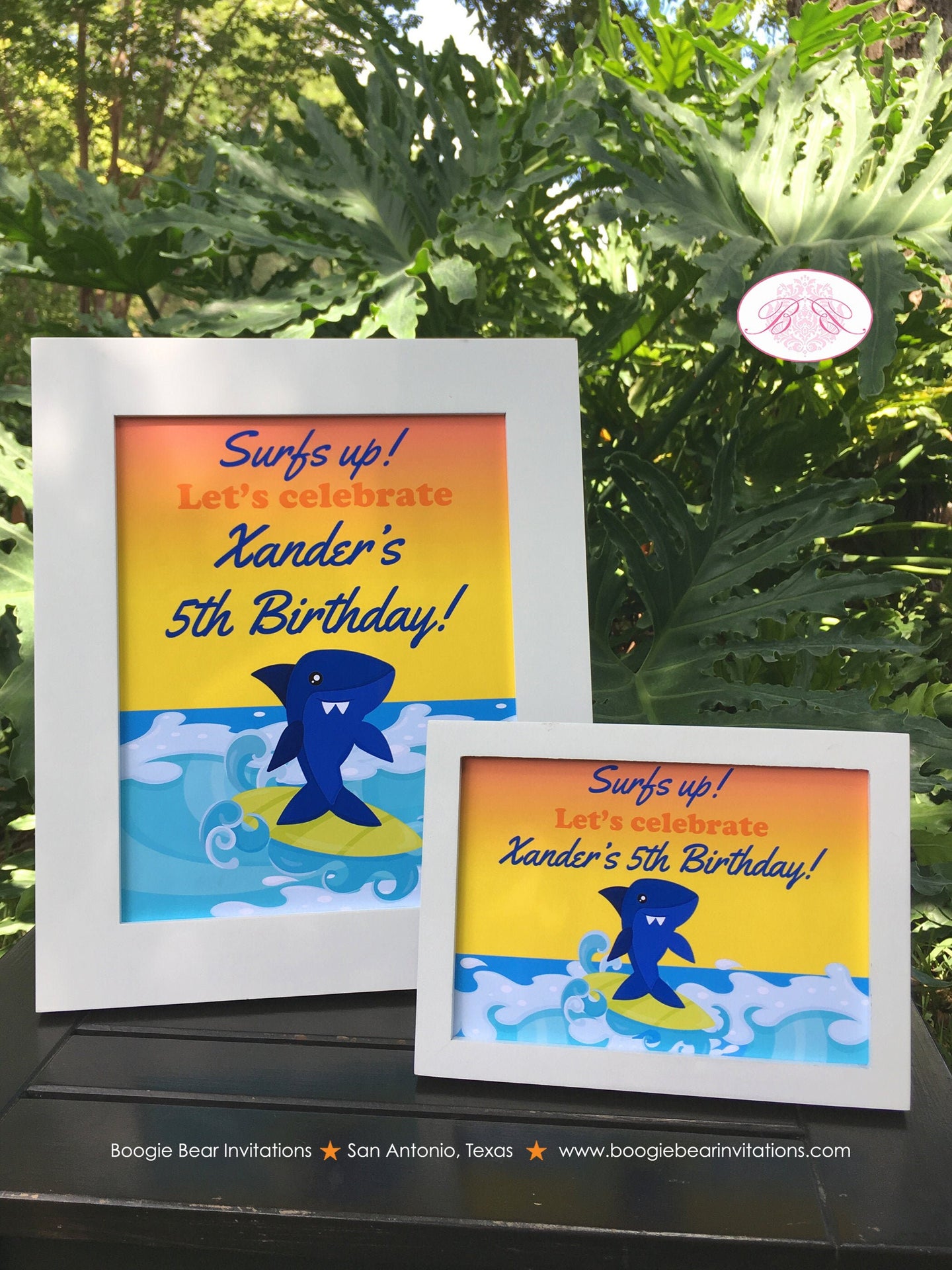 Surfer Shark Birthday Party Sign Poster Frameable Swimming Boy Girl Surf Surfing Swim Pool Ocean Beach Boogie Bear Invitations Xander Theme