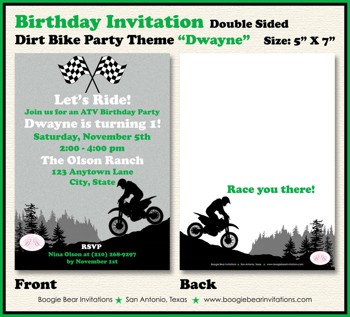 Dirt Bike Birthday Party Invitation Black Green Girl Boy Enduro Motocr