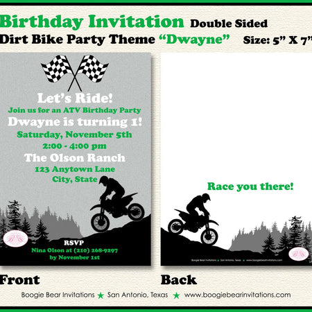 Dirt Bike Birthday Party Invitation Black Green Girl Boy Enduro Motocross Racing Motorcycle Boogie Bear Invitations Dwayne Theme Printed