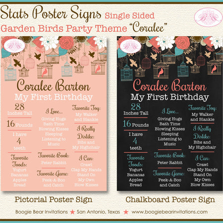 Garden Birds Birthday Party Sign Stats Poster Frameable Chalkboard Milestone Coral Teal Birdcage 1st Boogie Bear Invitations Coralee Theme