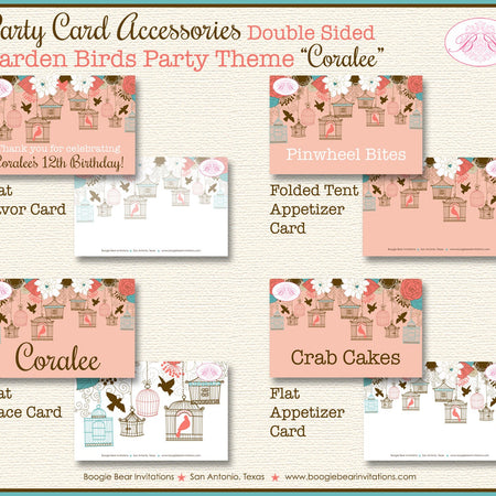 Garden Birds Birthday Party Favor Card Tent Appetizer Place Food Coral Teal Forest Flowers Birdcage Boogie Bear Invitations Coralee Theme