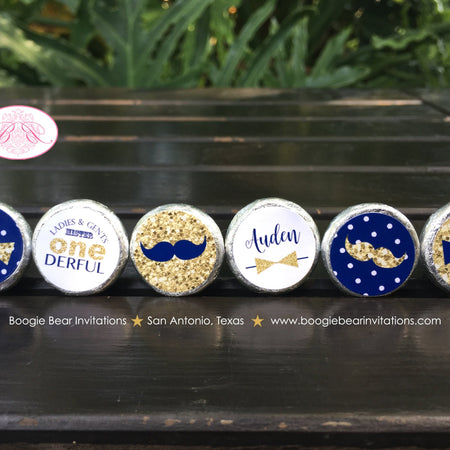 Mr Wonderful 1st Birthday Circle Stickers Candy Party Favor Mustache Bow Tie Boy Onederful Blue Gold Boogie Bear Invitations Auden Theme