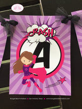 Load image into Gallery viewer, Pink Supergirl Birthday Party Name Banner Super Girl Superhero Purple Comic Cityscape Skyline Boogie Bear Invitations Alayna Theme