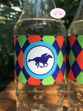 Load image into Gallery viewer, Horse Racing Birthday Party Bottle Wraps Derby Argyle Red Green Blue Jockey Equestrian Quarter Races Boogie Bear Invitations Tommy Theme