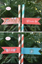 Load image into Gallery viewer, Garden Birds Birthday Party Straws Pennant Paper Girl Coral Teal Birdcage Flowers Cage Forest Rustic Boogie Bear Invitations Coralee Theme