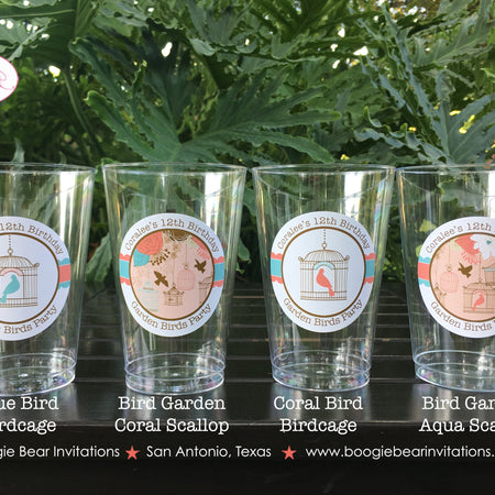 Garden Birds Birthday Party Beverage Cups Plastic Drink Girl Coral Teal Birdcage Cage Flower Forest Boogie Bear Invitations Coralee Theme