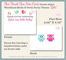 Load image into Gallery viewer, Woodland Birds Owls Thank You Card Baby Shower Party Girl Boy Yellow Pink Blue Forest Animals 1st Boogie Bear Invitations Lola Theme Printed