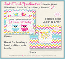 Load image into Gallery viewer, Woodland Birds Owls Thank You Card Baby Shower Party Girl Boy Yellow Pink Blue Forest Animals 1st Boogie Bear Invitations Lola Theme Printed