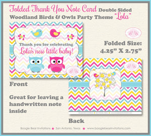 Woodland Birds Owls Thank You Card Baby Shower Party Girl Boy Yellow Pink Blue Forest Animals 1st Boogie Bear Invitations Lola Theme Printed