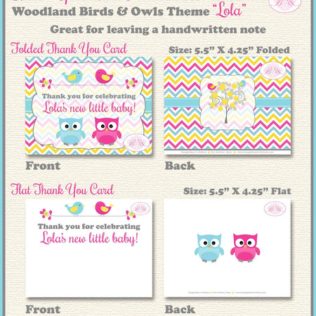 Woodland Birds Owls Thank You Card Baby Shower Party Girl Boy Yellow Pink Blue Forest Animals 1st Boogie Bear Invitations Lola Theme Printed