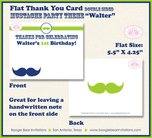 Mustache Birthday Party Thank You Card Navy Blue Lime Green White Chevron Boy Retro Bash Formal Boogie Bear Invitations Walter Theme Printed