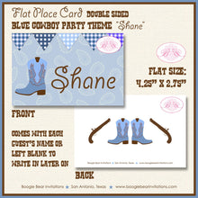 Load image into Gallery viewer, Blue Gunslinger Baby Shower Party Favor Card Tent Appetizer Place Boy Brown Boots Ranch Cowboy Country Boogie Bear Invitations Shane Theme