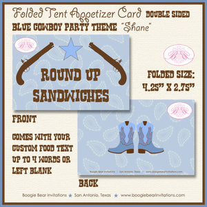 Blue Gunslinger Baby Shower Party Favor Card Tent Appetizer Place Boy Brown Boots Ranch Cowboy Country Boogie Bear Invitations Shane Theme