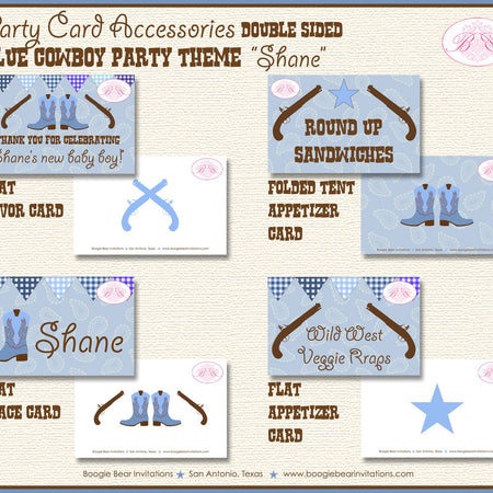 Blue Gunslinger Baby Shower Party Favor Card Tent Appetizer Place Boy Brown Boots Ranch Cowboy Country Boogie Bear Invitations Shane Theme
