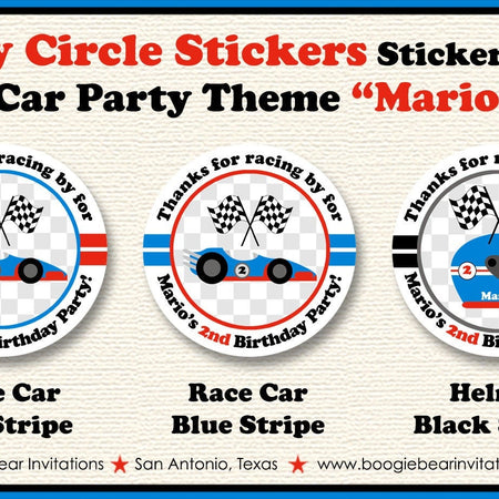 Race Car Birthday Party Circle Stickers Sheet Round Boy Girl Red Blue Black Racing Track Grand Prix Win Boogie Bear Invitations Mario Theme