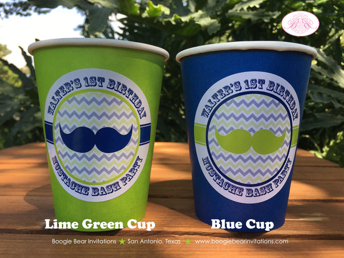 Mustache Bash 1st Birthday Party Beverage Cups Paper Drink Boy Dashing Little Man Lime Green Blue Retro Boogie Bear Invitations Walter Theme