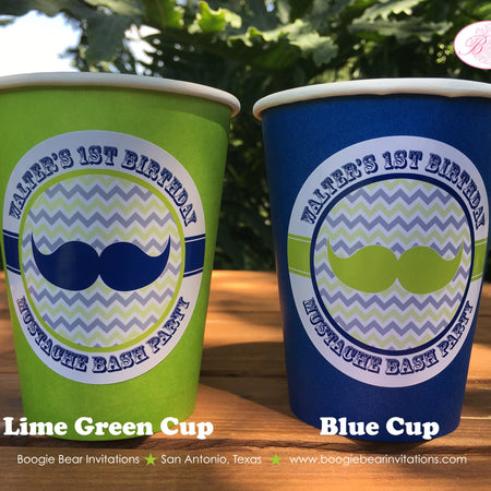 Mustache Bash 1st Birthday Party Beverage Cups Paper Drink Boy Dashing Little Man Lime Green Blue Retro Boogie Bear Invitations Walter Theme