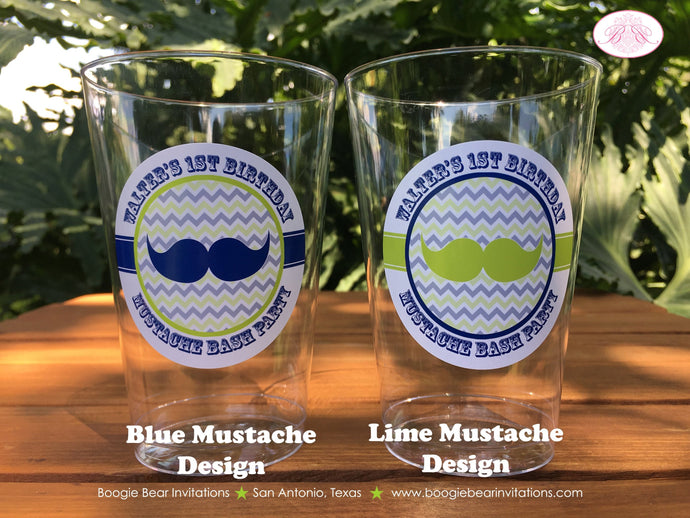 Mustache Bash Birthday Party Beverage Cups Plastic Drink Boy Little Man Lime Green Blue Chevron Dashing Boogie Bear Invitations Walter Theme