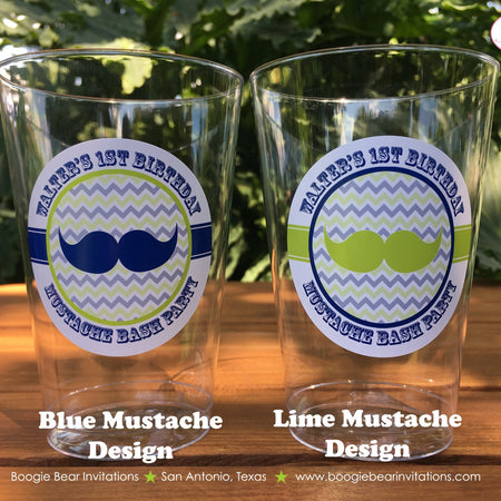 Mustache Bash Birthday Party Beverage Cups Plastic Drink Boy Little Man Lime Green Blue Chevron Dashing Boogie Bear Invitations Walter Theme