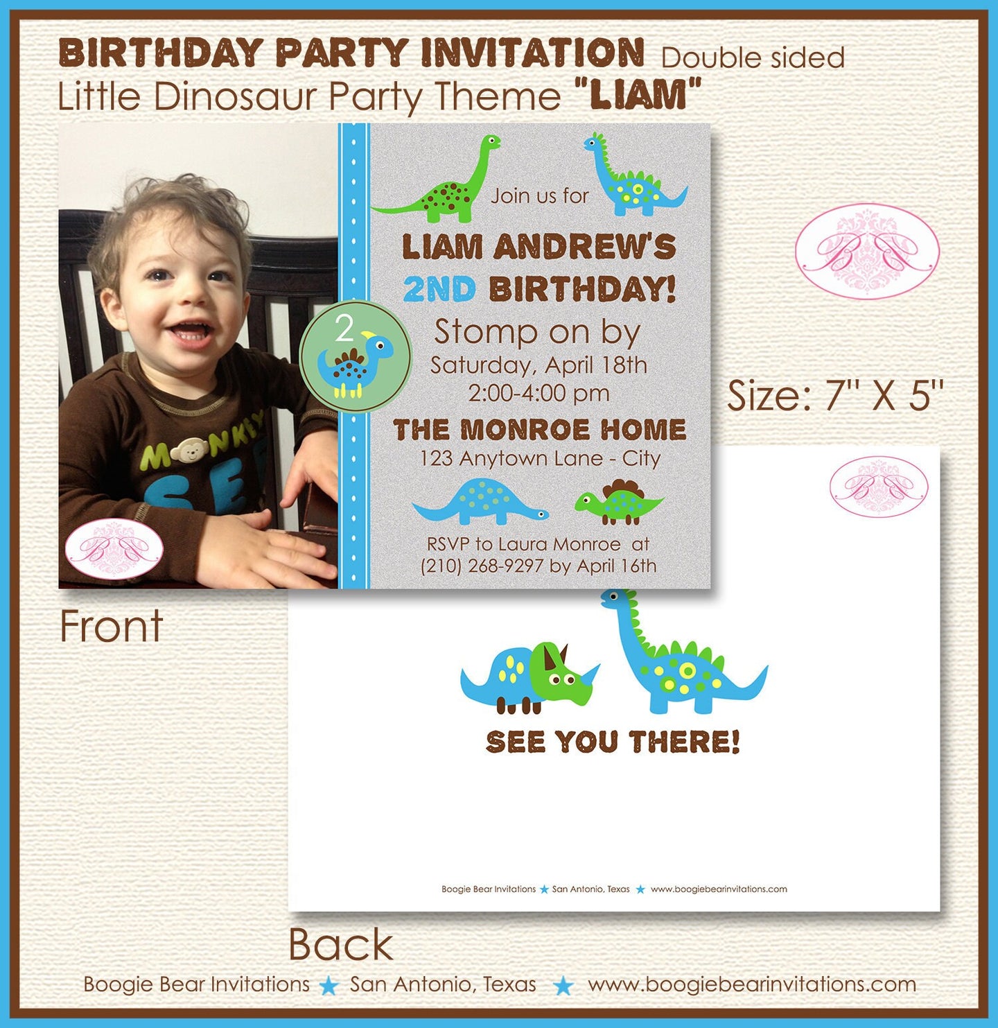 Dinosaur Photo Birthday Party Invitation Boy Green Dino Stomp Roar Green Blue Boogie Bear Invitations Liam Theme Paperless Printable Printed