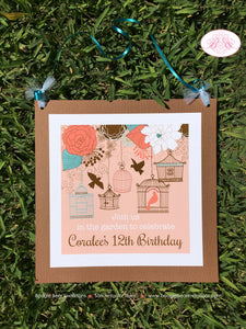 Garden Birds Birthday Party Door Banner Birthday Woodland Birdcage Cage Flower Coral Teal Turquoise Boogie Bear Invitations Coralee Theme