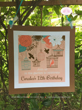 Load image into Gallery viewer, Garden Birds Birthday Party Door Banner Birthday Woodland Birdcage Cage Flower Coral Teal Turquoise Boogie Bear Invitations Coralee Theme