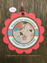 Load image into Gallery viewer, Garden Birds Birthday Favor Tags Party Girl Woodland Birdcage Flowers Coral Teal Picnic Garden Cage Boogie Bear Invitations Coralee Theme