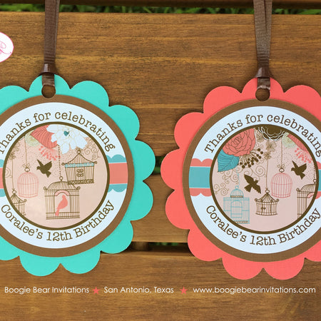 Garden Birds Birthday Favor Tags Party Girl Woodland Birdcage Flowers Coral Teal Picnic Garden Cage Boogie Bear Invitations Coralee Theme
