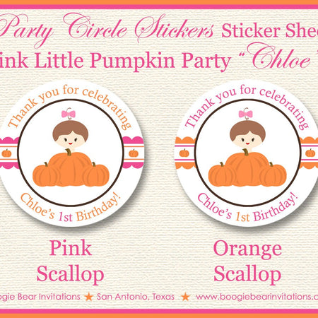 Pink Pumpkin Birthday Party Stickers Circle Sheet Round Circle Little Girl Autumn Fall Thanksgiving Farm Boogie Bear Invitations Chloe Theme