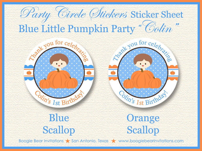 Blue Pumpkin Birthday Party Stickers Circle Sheet Round Circle Little Boy Autumn Fall Thanksgiving Farm Boogie Bear Invitations Colin Theme