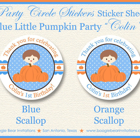 Blue Pumpkin Birthday Party Stickers Circle Sheet Round Circle Little Boy Autumn Fall Thanksgiving Farm Boogie Bear Invitations Colin Theme