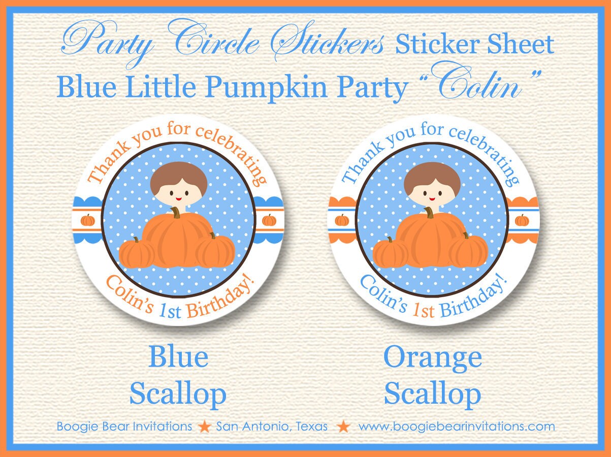 Blue Pumpkin Birthday Party Stickers Circle Sheet Round Circle Little Boy Autumn Fall Thanksgiving Farm Boogie Bear Invitations Colin Theme