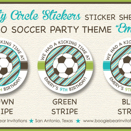 Soccer Birthday Party Stickers Circle Sheet Round Lime Green Teal Aqua Turquoise Sports Team Boy Girl Boogie Bear Invitations Emery Theme